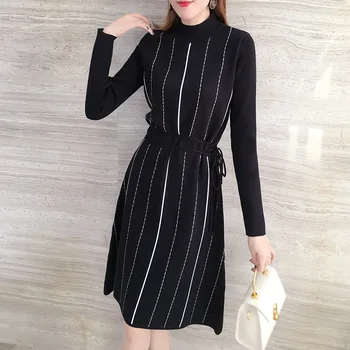 

Elegant Knitted Dress Women 2020 New Autumn Turtleneck Female Sweater Dress Fashion Striped Office Ladies Winter Vestidos