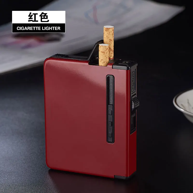 Creative automatic cigarette box lighter inflation lighter case gadgets for men smoking accessories cigarette box with lighter - Цвет: Red