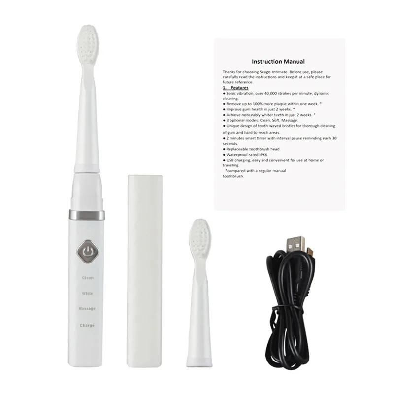 SEAGO Sonic Portable Electric Toothbrush Brushes USB Rechargeable Waterproof Deep Clean With 2 Brus