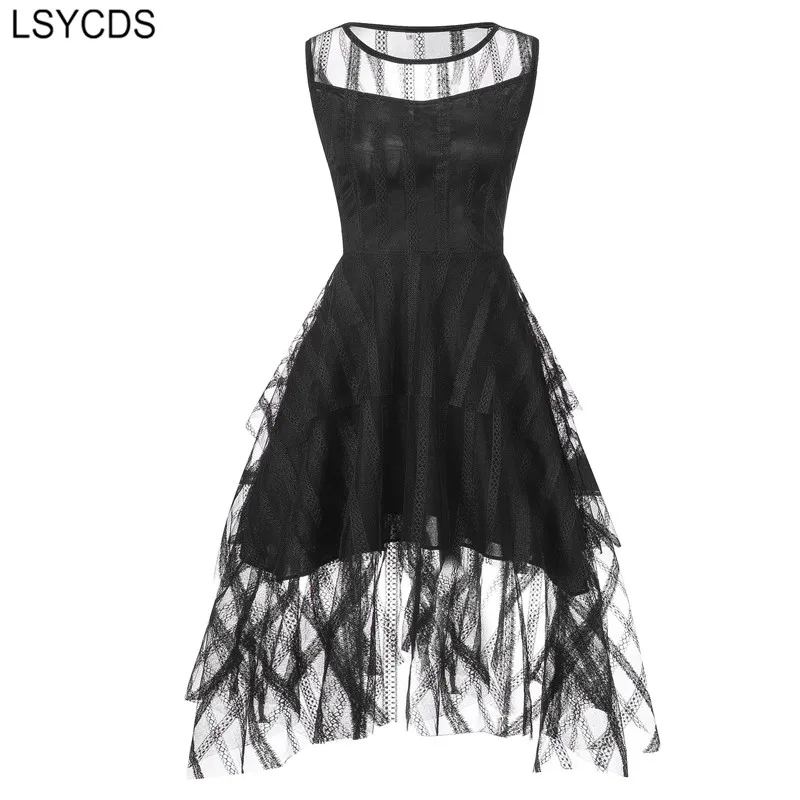 

LSYCDS Elegant Lace Dresses 2022 New Layered Mesh Asymmetrical Hem Sleeveless Pink Ladies Midi Dresses Women Party Dress Black