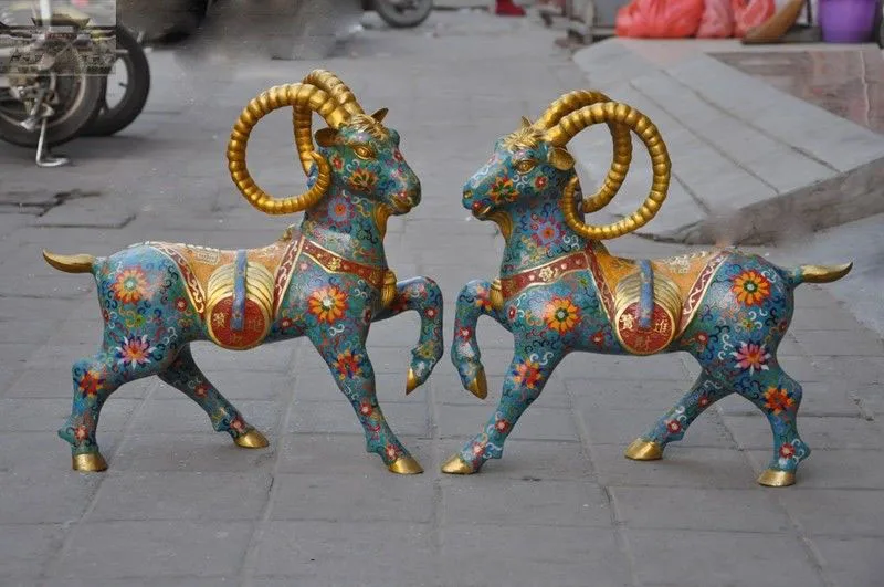 

Christmas 19"Chinese Feng shui Bronze Cloisonne enamel Sheep Goat Lucky Animal Statue Pair New Year