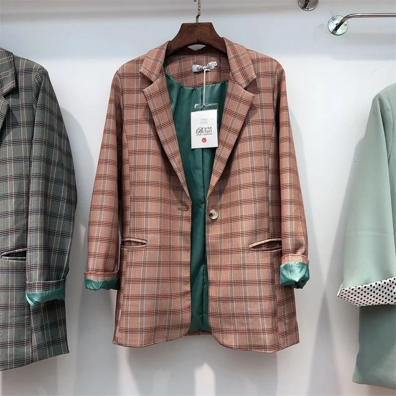 new autumn retro plaid suit collar jacket fashion color matching loose coat female