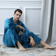 Мужской Халат-кимоно, однотонный плотный бархатный халат, пижама, одежда для сна с карманом и поясом, ночная рубашка