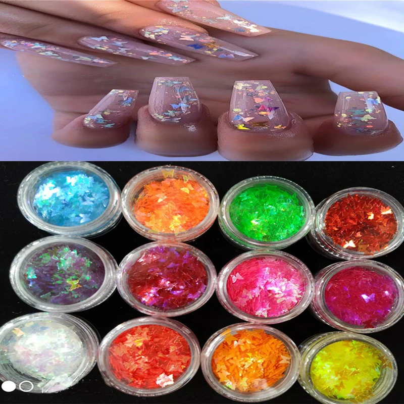 

12 Jars/set Butterfly Design 12 Cololrs Nail Glitter Sequins Holographic Paillette 3D Laser Glitter Flake Slice Manicure Tips P#