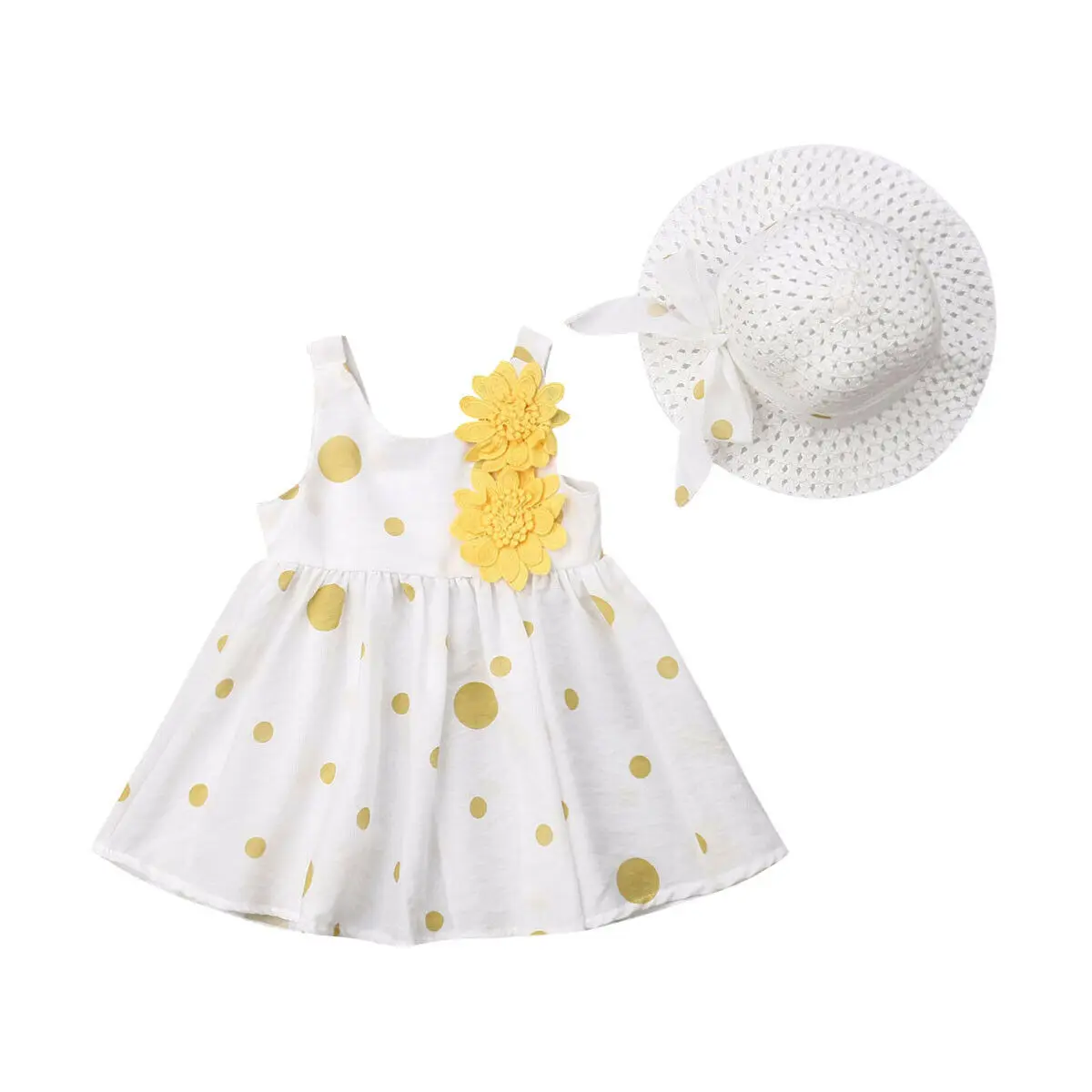 Cute Infant Kids Baby Girl Summer Dress Sleeveless Floral Dot Boho Dresses Hat 2PCS Princess Girls Party Clothes 6M-3Y | Детская одежда