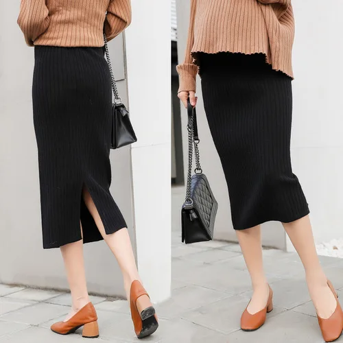 

Maternity Clothes 2019 Autumn And Winter New Style Abdominal Support Slit Knitted Base Skirt Mid-length Pregnant Women Sweater D