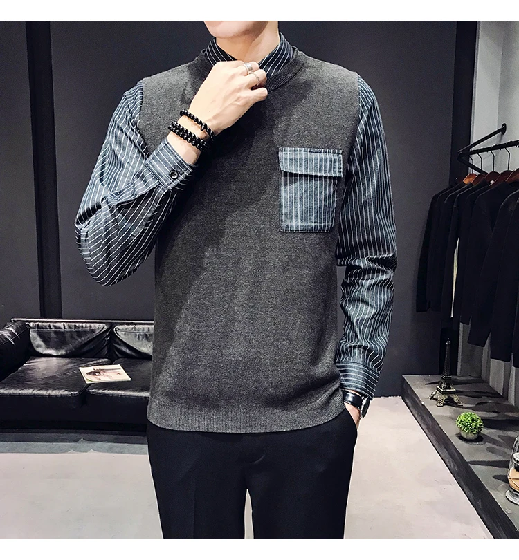 Британский стиль поддельные две части свитер пуловер свитер мужской Blusa Masculina модная одежда мужской круглый вырез длинный рукав вязание