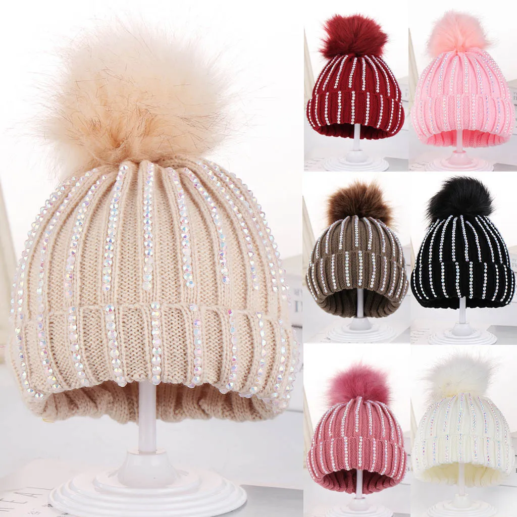 

MUQGEW 2019 New Arrivals Childrens Solid Cute Caps Baby Knitting Wool Hemming Hats Keep Comfy Warm Winter Hiarball Fur Ball Cap