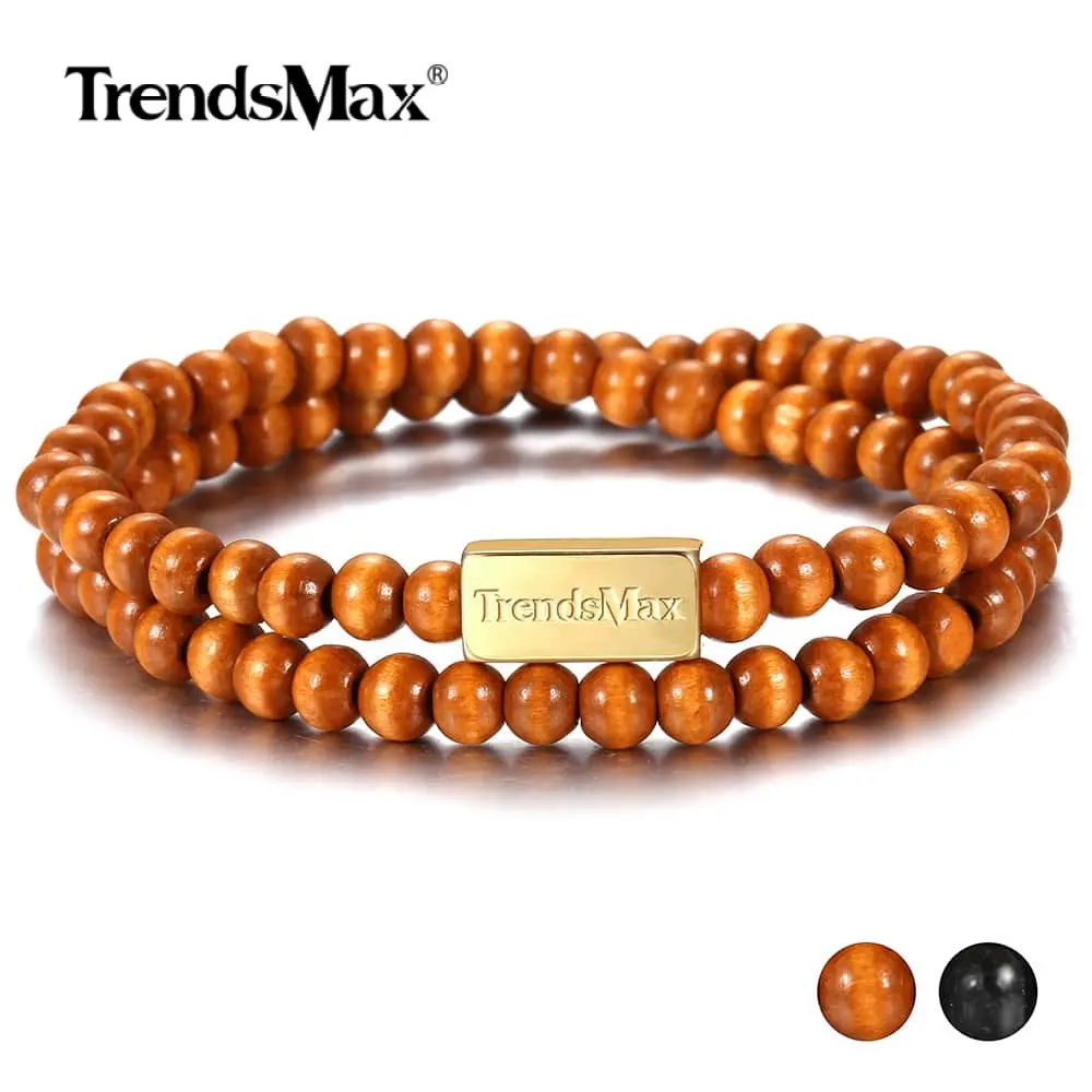 Trendsmax 6 мм двойной стенд стрейч обёрточная бумага бисерный браслет для мужчин женщин коричневый черный деревянный шарик Длинный Йога браслет, бижутерия TBB020