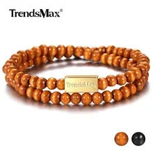 Trendsmax 6 мм двойной стенд стрейч обёрточная бумага бисерный браслет для мужчин женщин коричневый черный деревянный шарик Длинный Йога браслет, бижутерия TBB020