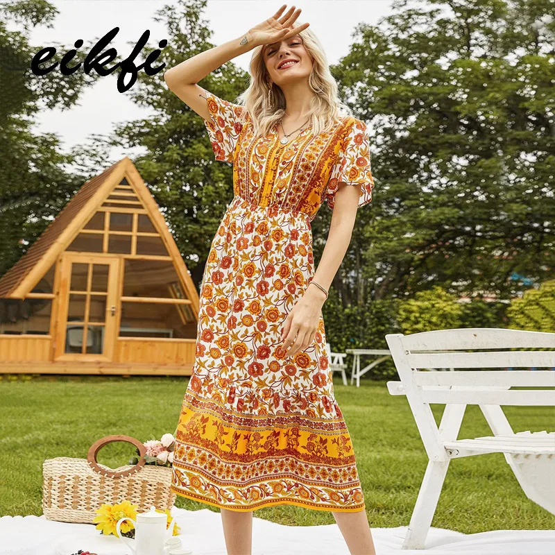 

EIKFI Women All Over Ptint Floral Loose Front Buttons Midi Dress Young Lady Short Sleeve V-neck High Waist Boho Dress for Female