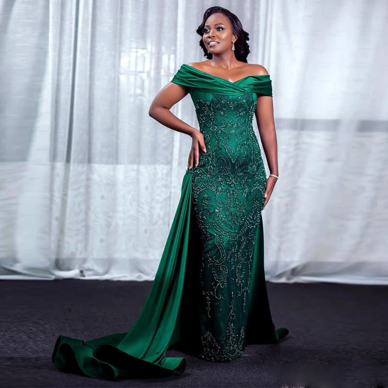 Aso Ebi Green/вечерние платья больших размеров, длинные юбки, Аппликации блёстками из бисера, платье для выпускного вечера с открытыми плечами