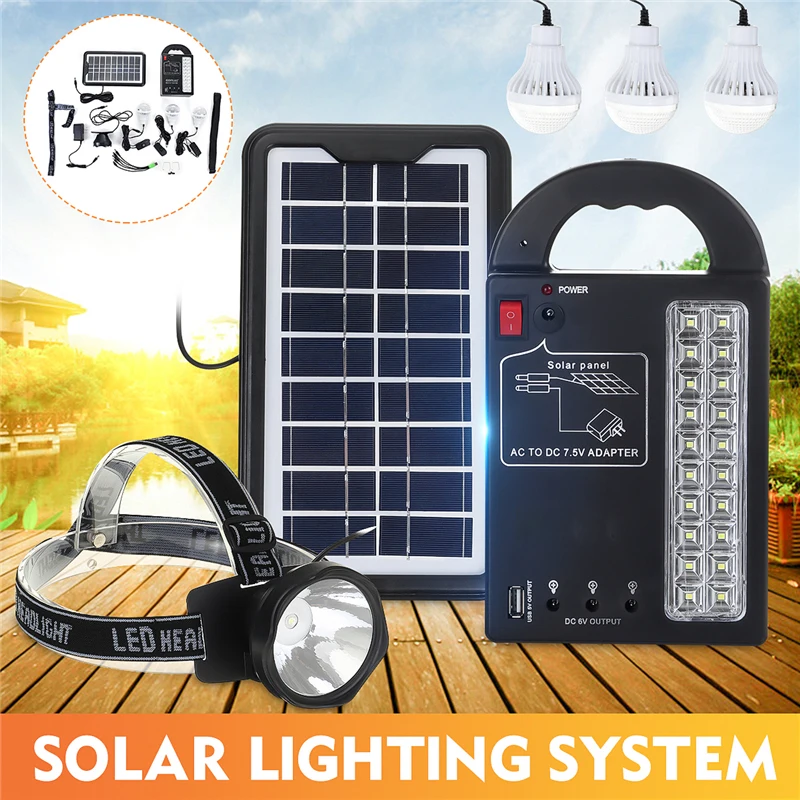 

DC6V USB Charger Home System Solar Power Panel Generator Kit with 3PCS 5W LED Energy Saving Bulbs Light and 1PC Headlamps