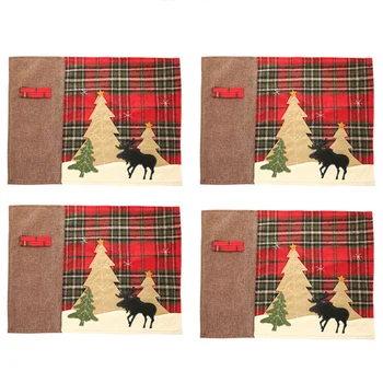 

4PCS Christmas Placemats Knife and Fork Table Mats Cover Christmas Dinner Decoration Christmas Insulated Table Mat Home Craft Su