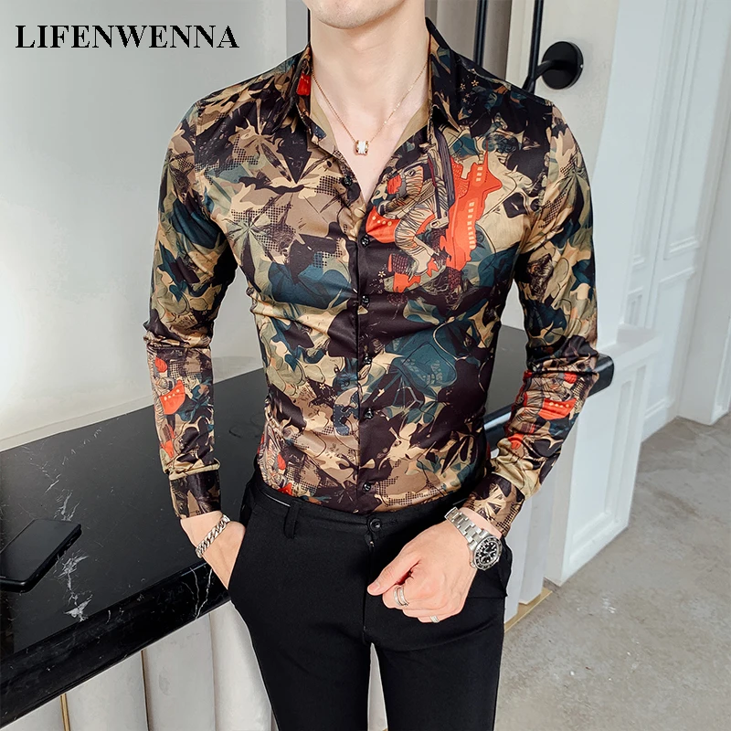 Long Sleeve Shirts Flowers Design Mens  Fashion Floral Print Men Shirt -  Slim Fit - Aliexpress