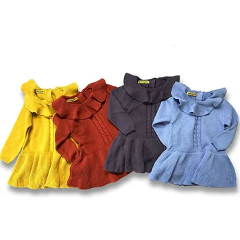 

2020 Autumn Girls Knitted Dresses Cotton Petal Collar Princess Dresses for Girls Ruffles Sweater Dress Kids Clothes 1-6Y
