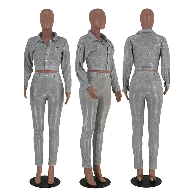 Silver Модный костюм из двух предметов, куртка, спортивный костюм, женский комплект из двух предметов, топ и штаны, для бега, Femme, комплект пальто, осенняя одежда для женщин - Цвет: Silver