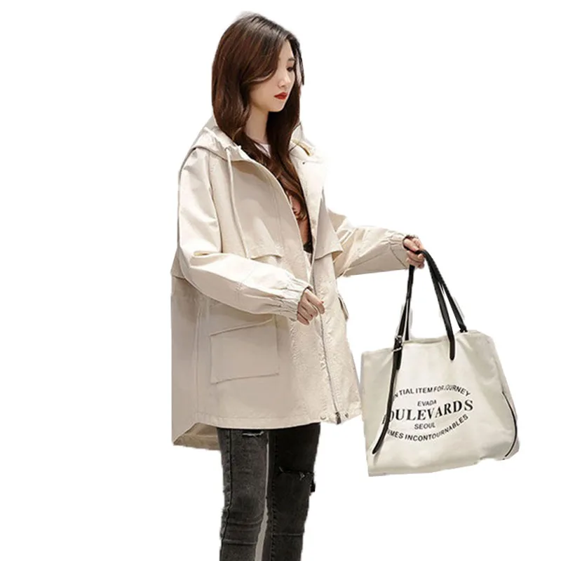 

New 2022 Spring Autumn Ladies Trench Coat Mid-Length Zipper Women's Casual Hooded Windbreaker Outerwear Tops Tooling A16