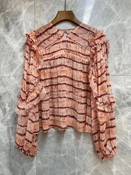

2020 Spring and Summer New Women's round Neck Sleeves Irregular Fungus Ruffles Stitching Striped Loose Shirt 616
