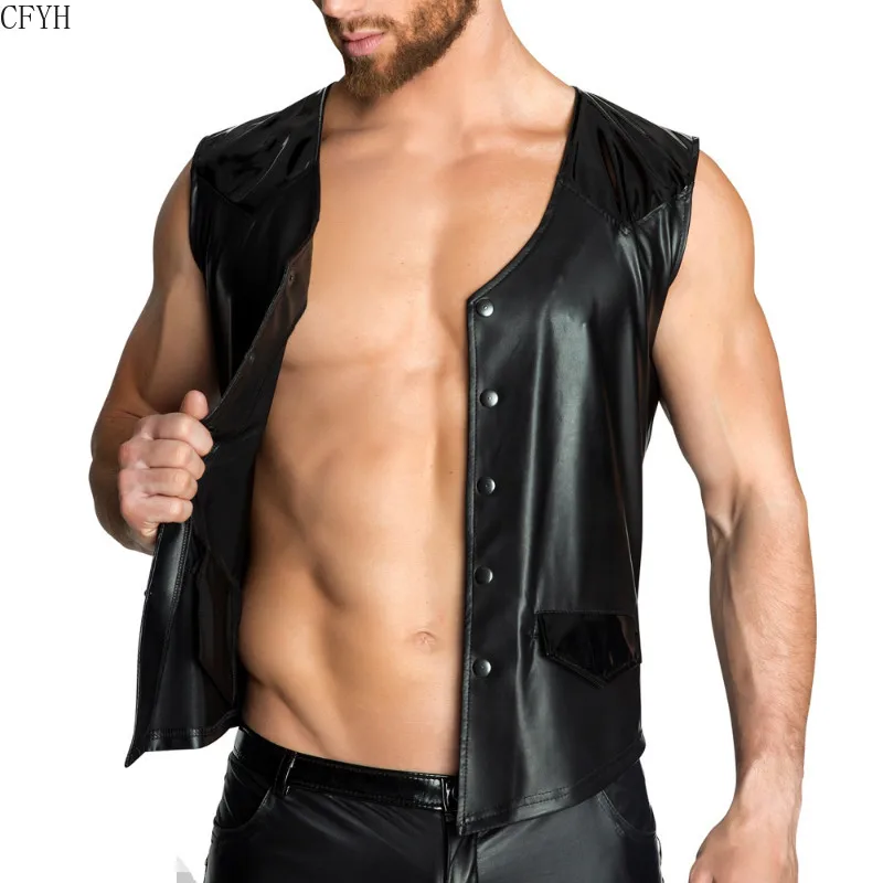 Skup Męska bielizna lateksowa podkoszulek Wetlook lakierowana egzotyczna koszulka na ramiączkach kostium imprezowy seksowny przedział kamizelka Top Clubwear Rave odzież