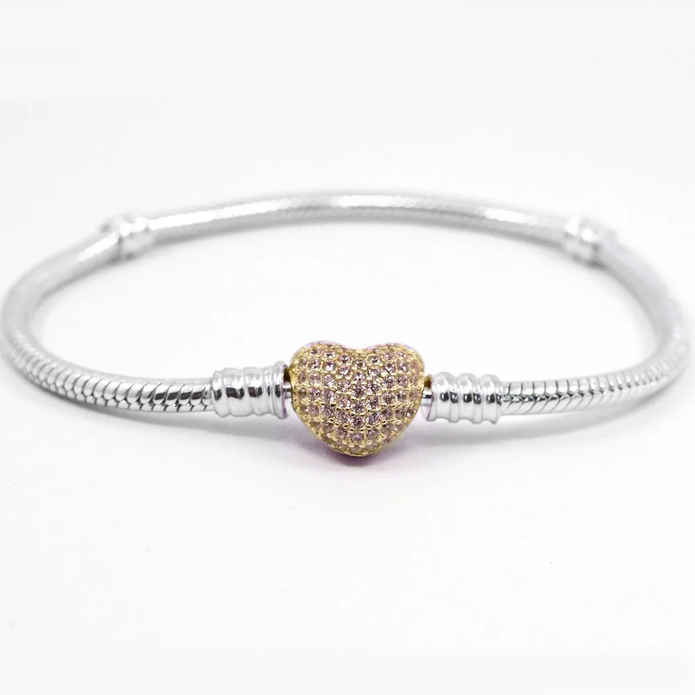 

925 Sterling Silver Bracelet Gold Color Moments Pave Heart Clasp With Crystal Bracelet Bangle Fit Bead Charm Diy Fine Jewelry