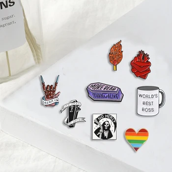 

Punk style enamel Pins heart coffin Brooches grim Reaper Art skull Lapel Pins Badges Burning match Pin Shirt bag Jewelry Gifts