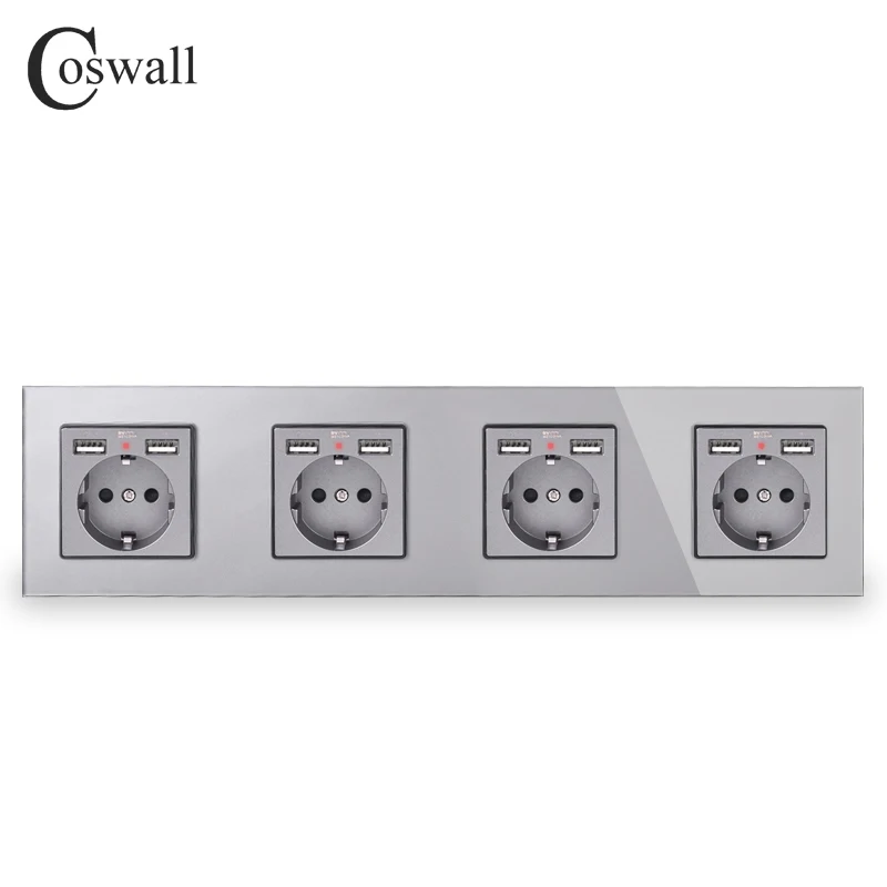 COSWALL 3/4 банда Россия Испания стандарт ЕС розетка+ двойное зарядное устройство USB порт скрытый мягкий светодиодный индикатор серый серое стекло панель