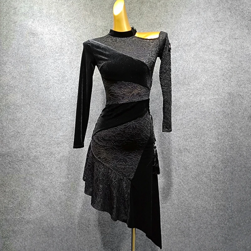 Латинское танцевальное платье зимнее танцевальное платье тонкая Одежда для танцев Женская Асимметричная юбка для танцев для тренировок одежда для соревнований костюм для выступлений черное кружевное латинское платье - Цвет: Dress