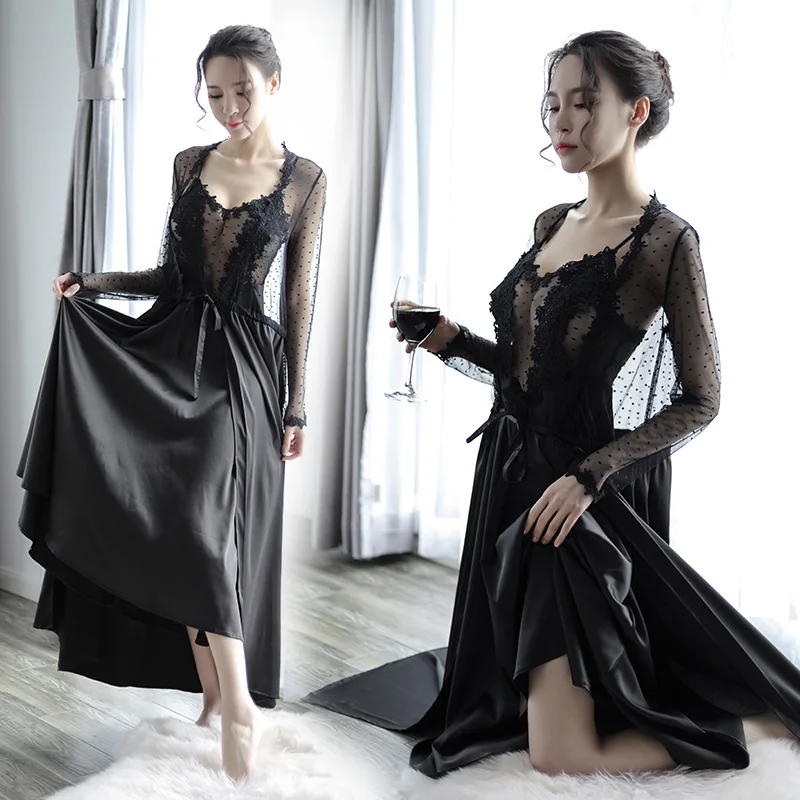 High-end beautiful home service suit aunt with the same paragraph nightgown nightdress two-piece suit sexy satin sexy underwear - Цвет: Черный
