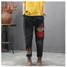 Осень-зима джинсы Для женщин в ретро-стиле из плотного флиса; теплые джинсовые штаны новые женские туфли с эластичной резинкой на талии, свободные брюки, подходящие для любого размера