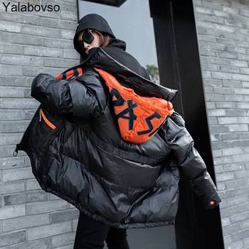 

High Street Wind All-match Thick Cotton coat with Hat Windbreaker Loose Warm Material Long Sleeve Cotton for Woman Loose Coat