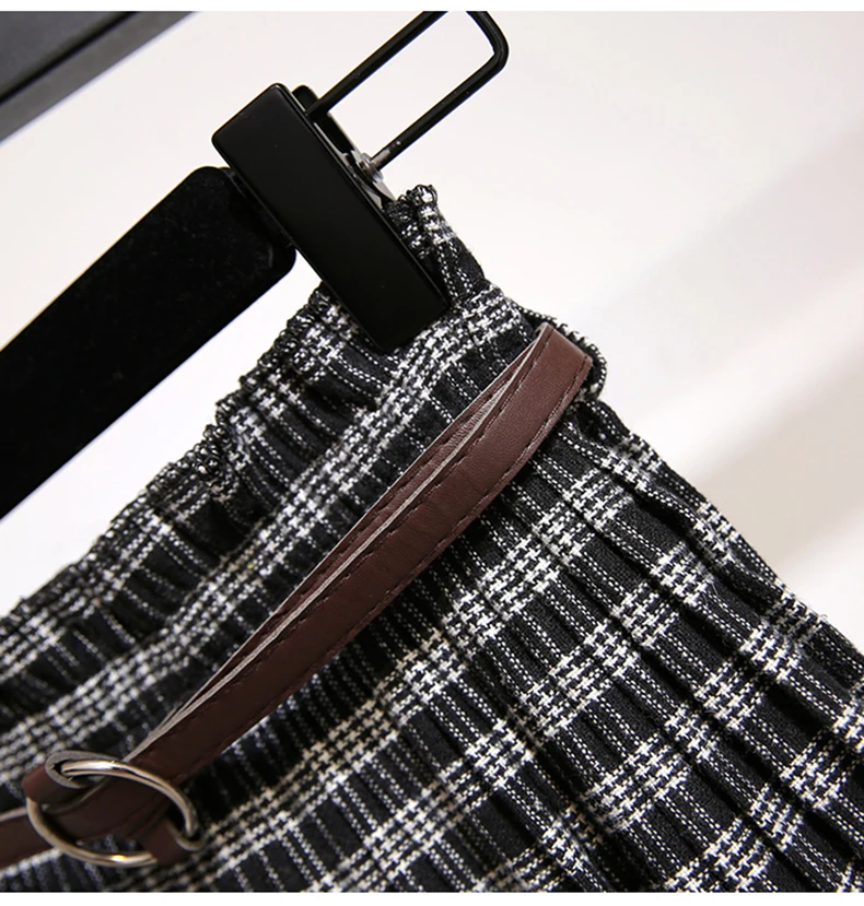 Plus Size 3XL Autumn Winter Women Wool Skirts Plaid Mid Skirts 2019 Casual Loose Ladies Office Skirts Elastic Waist Sashes (13)