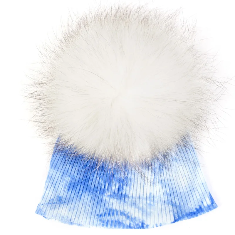 blue white white Осенне-зимняя хлопковая ребристая шапка с меховым помпоном для новорожденных мальчиков и девочек, зимние мягкие вязаные шапки для детей - Цвет: blue white white