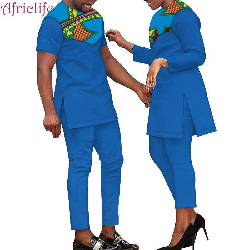 Новейший дизайн; комплект со штанами для влюбленных; комплект из хлопка для мужчин и женщин; комплект с футболкой; одежда для пары в африканском стиле; Семейные платья; WYQ390 - Цвет: 9