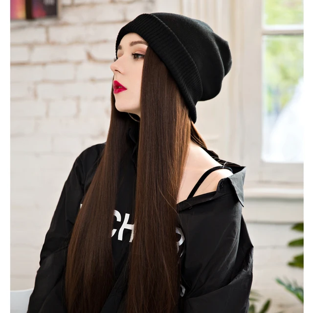 Femmes Bonnet de bonnet avec cheveux Postiche synthétique attaché Pom  capuchon tricoté chaud14inch long ondulé Extensions de cheveux bouclés