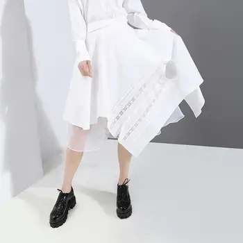 

Women's solid color stitching irregular elastic waist skirt spring and summer high waist long skirt with lace and mesh