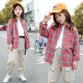 

Girl'S Shirt Korean-style Children Western Style Plaid Long-sleeved Coat Big Boy Fashionable Autumn Clothing chao wang Red Tops