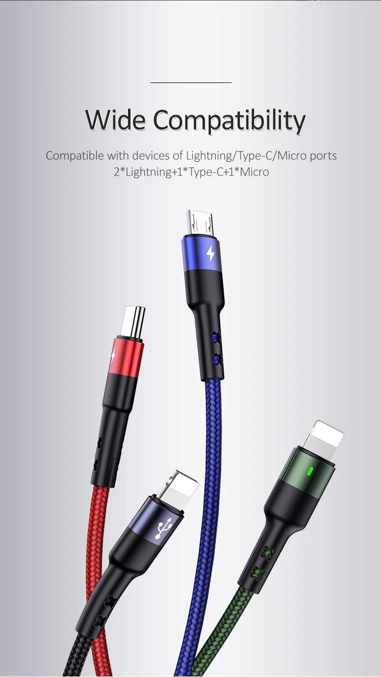 USAMS 4 в 1 мульти usb Кабель зарядного устройства для iPhone xs samsung huawei xiaomi линия зарядки для lightning micro usb type c кабель led