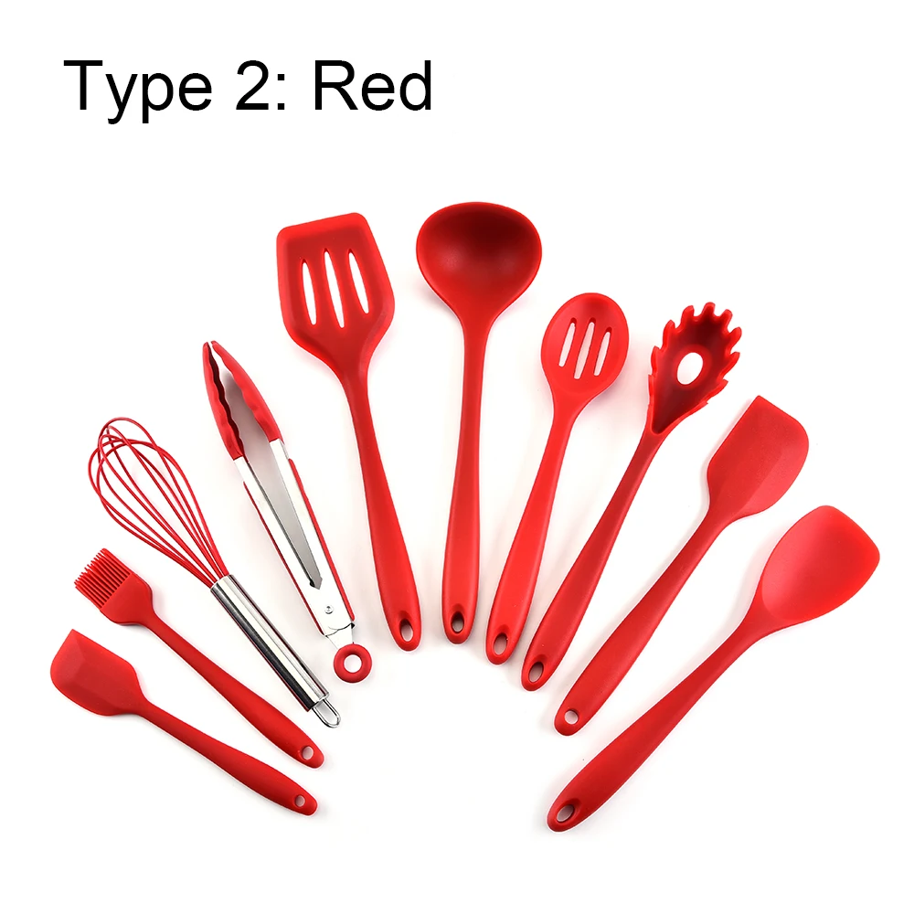 10 шт. набор кухонной посуды, силиконовый термостойкий набор посуды с антипригарным покрытием, ложка, лопатка, половник, кухонные принадлежности - Цвет: Красный
