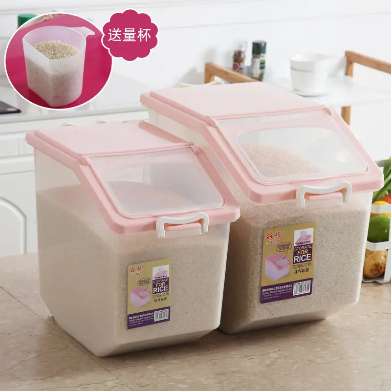 

25kg Rice Bucket Plastic Rice Storage Box Rice Jar Flour Barrels Kitchen Sealed Pest Control Moisture-Proof with 10Kg