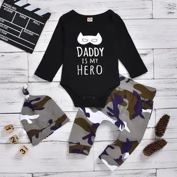 

DIIMUU Newborn Bodysuit Clothes Set 3PCS Baby Romper Jumpsuit Tops Camouflage Pants Hat Outfits Toddler Boys Clothing Suits