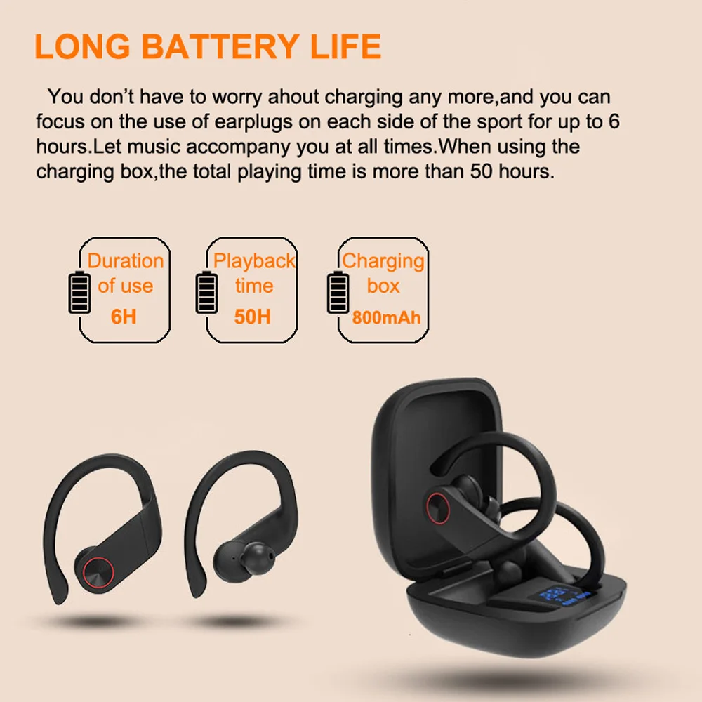 B4 TWS 5,0, Bluetooth наушники, Беспроводные спортивные наушники, ушные крючки, наушники, беспроводная Bluetooth гарнитура, светодиодный дисплей, зарядная коробка