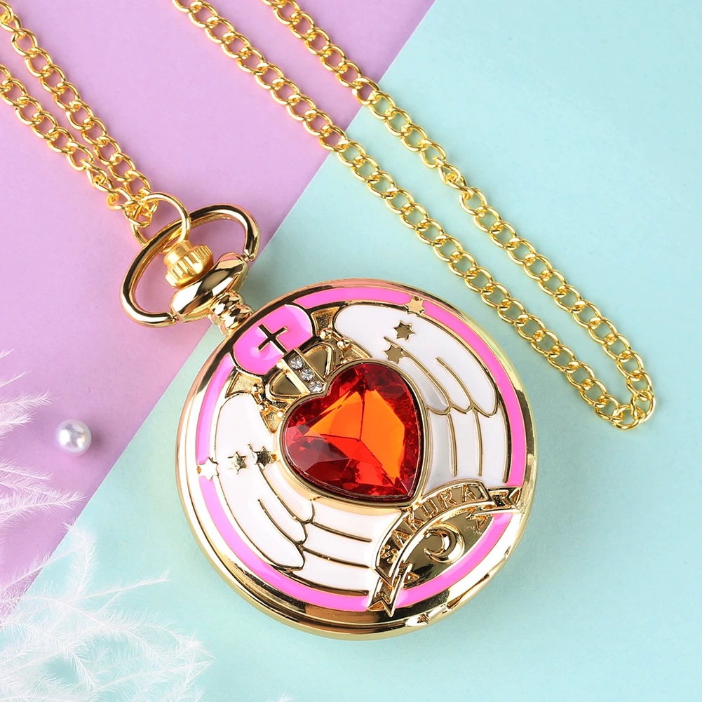 Pocket Watch Set for Girls Fashionable Card-captor Sakura Theme Pattern Key Ring Comfortable Gold Slim necklace for Women