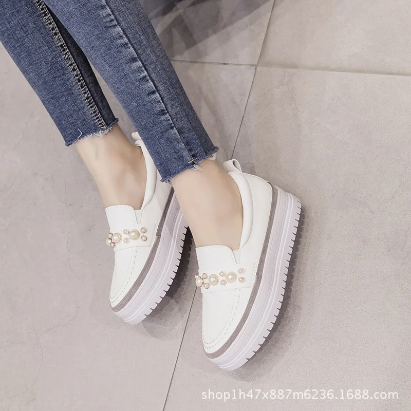 

2019 Spring New Style WOMEN'S Shoes Korean-style round-Toe Man-made Diamond Thick Bottomed Shoes Platform Heel Casual White Shoe