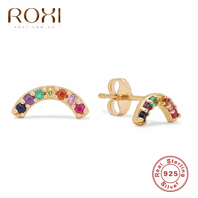 Rainbow CZ ROXI 925 пробы серебряные радужные CZ серьги-гвоздики для женщин крошечные кубические циркониевые С-образные серьга геометрической формы корейские ювелирные изделия - Окраска металла: Rainbow CZ