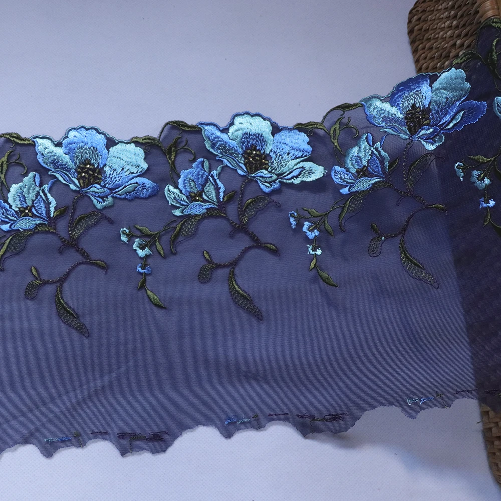 1Meter 18.3CM Wide Rhinestone Stretchy Floral Embroidery Lace Trim Blue Tulle Fabric For Lingerie Underwear Bra Dress Decor DIY | Дом и сад