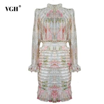 

VGH Elegant Print Patchwork Ruffle Ruched Dresses Women Stand Collar Puff Long Sleeve High Waist Mini Dress Female Fashion Tide