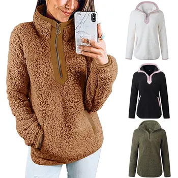 

Women Plush Zipper Sweatshirt Long Sleeve Loose Pullover Outwear with Pockets FS99