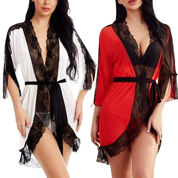 

2 Pcs Women Sexy Pajamas, Lace-up Short Sleeve Nightdress + Solid Color Thong (White, Red)