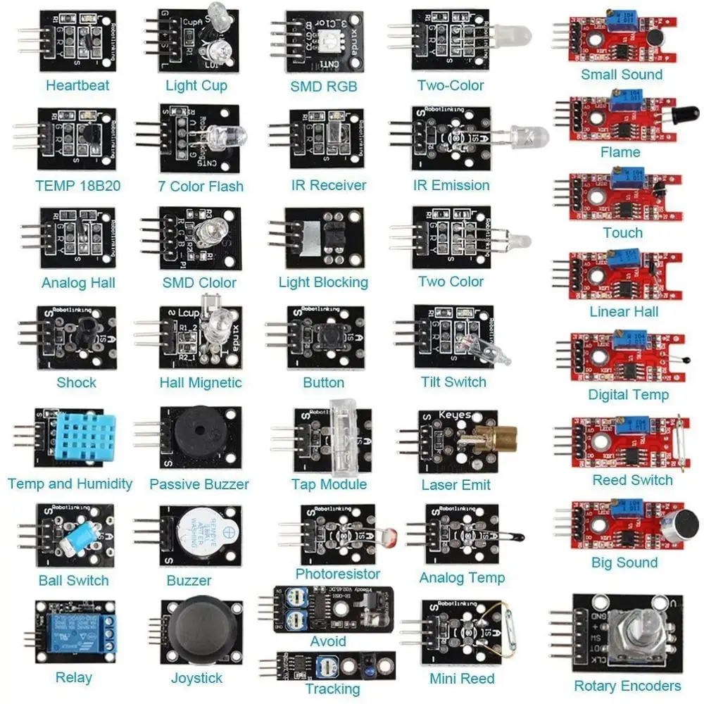 Kit surtido de 37 sensores para Arduino Raspberry pi, Kit de sensores 37 en 1 para proyectos de robots principiantes